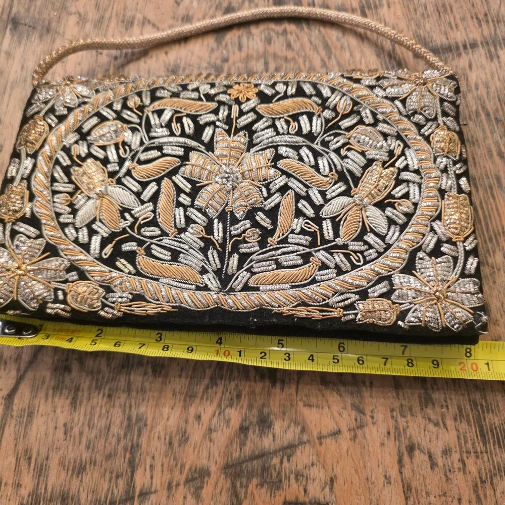 Vintage Embroidered Evening Bag Black Gold‎ Floral India Handmade Art Deco Glam